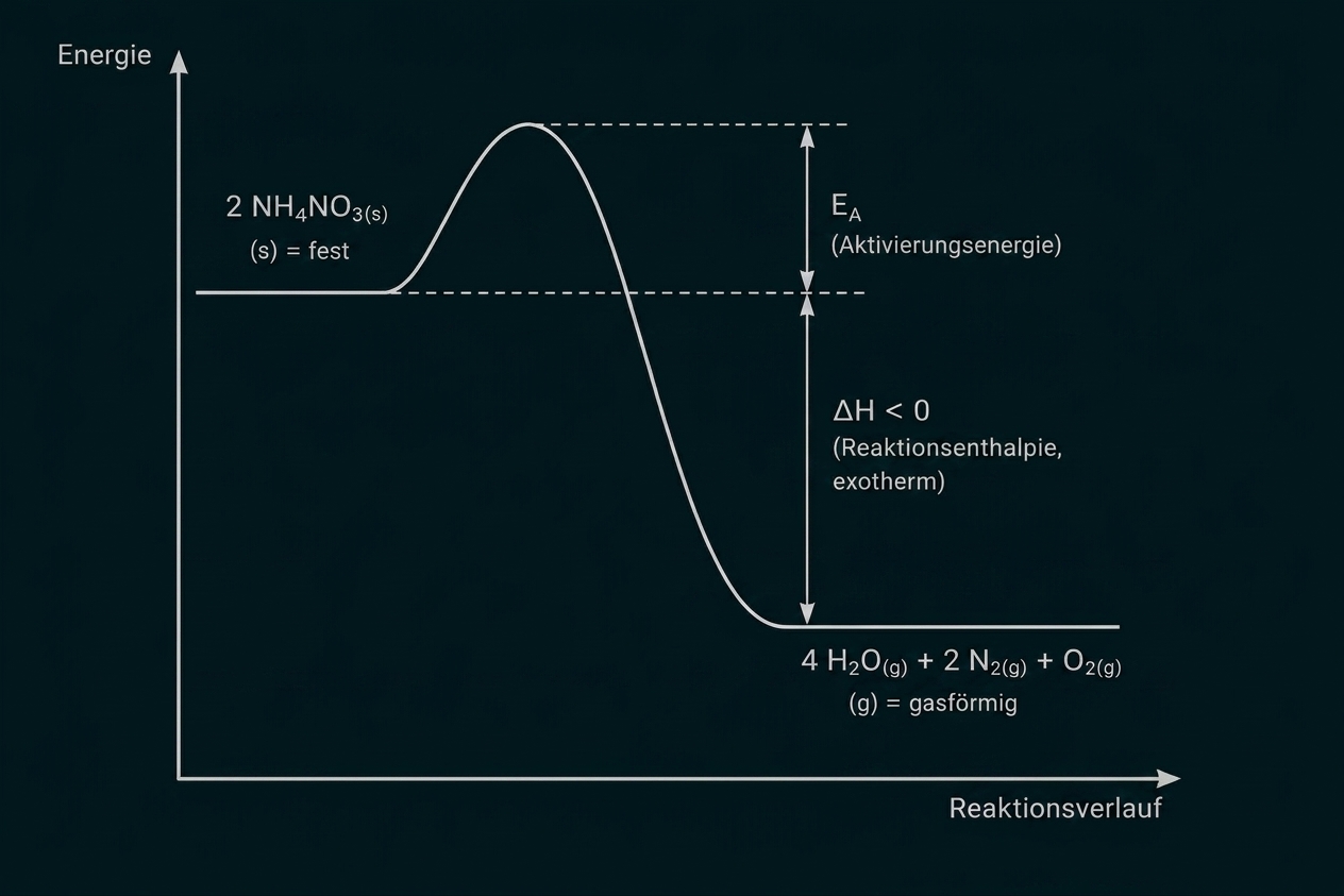 Energie-Diagramm: exotherme Reaktionskurve mit Aktivierungsenergie, 2 NH4NO3(s) als Edukt und gasförmigen Produkten